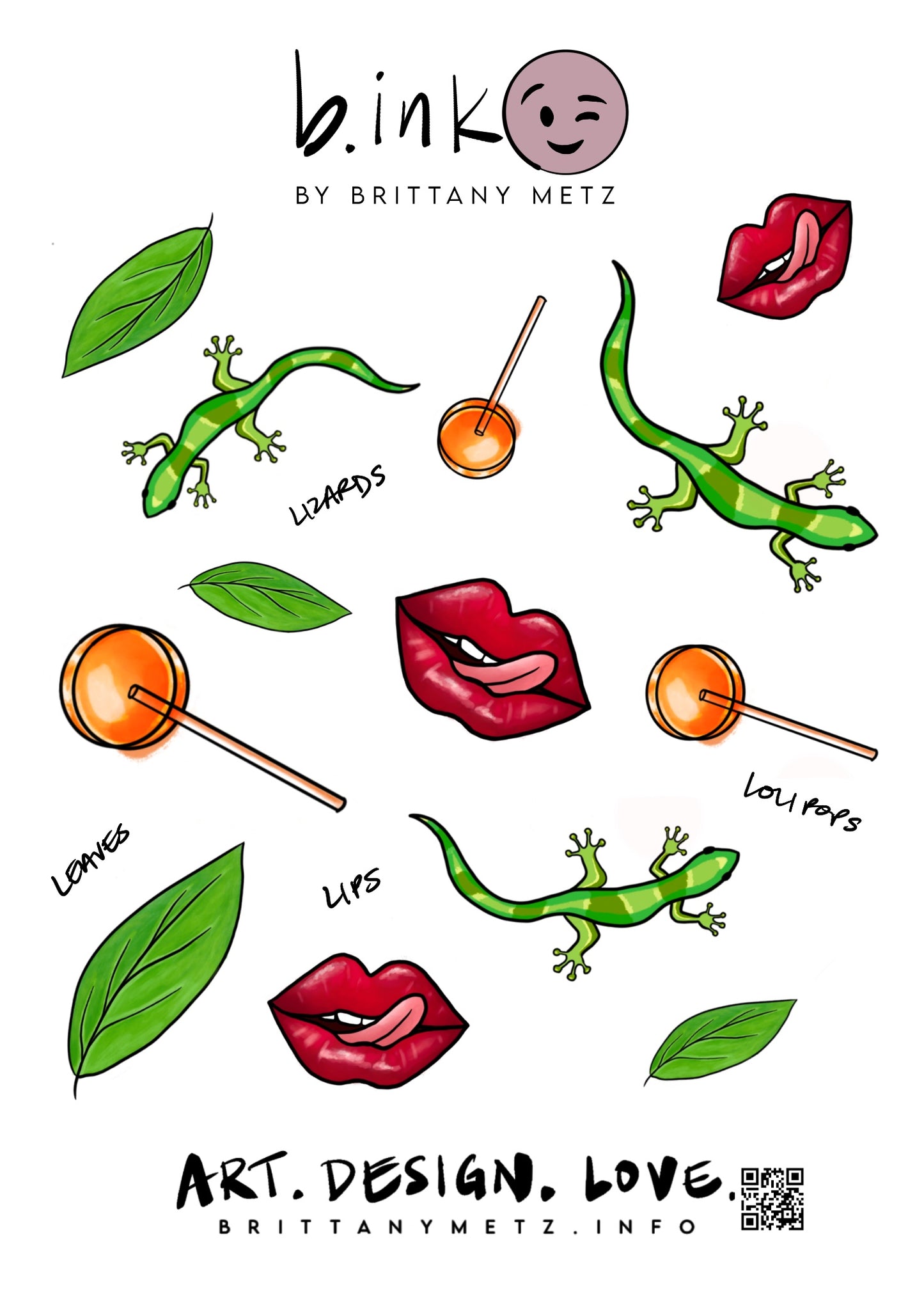 "L" Sticker Pack- Lips/Lizards/Leaves/Lollipops