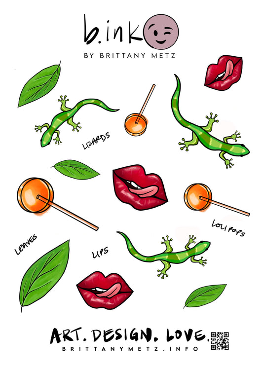 "L" Sticker Pack- Lips/Lizards/Leaves/Lollipops