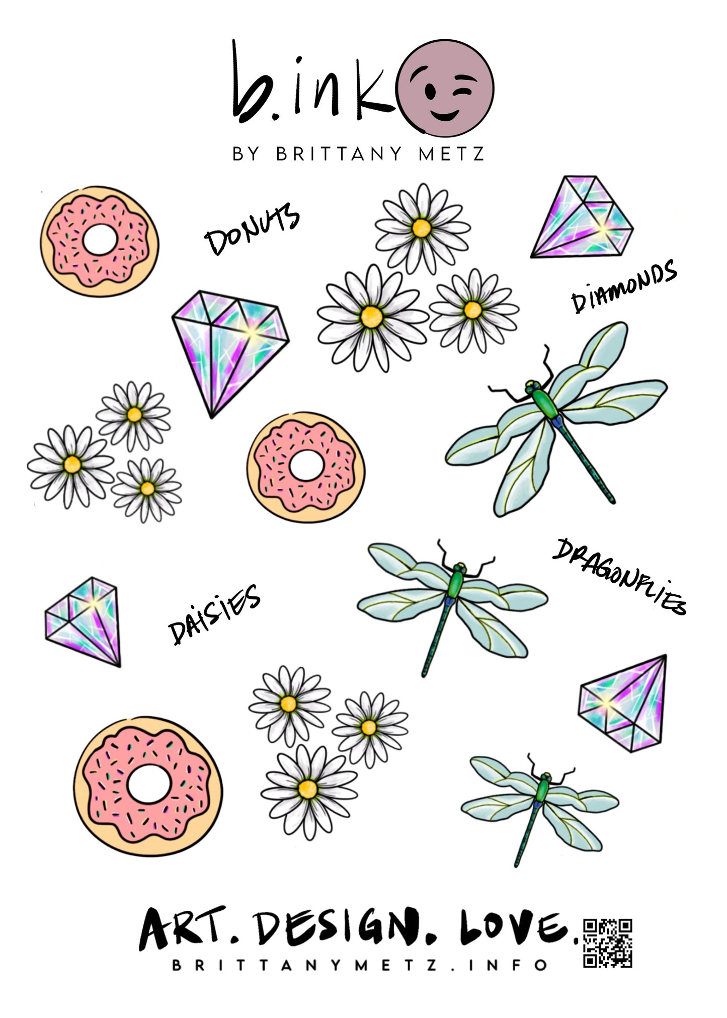 "D" Sticker Pack- Daisies/Dragonflies/Donuts/Diamonds